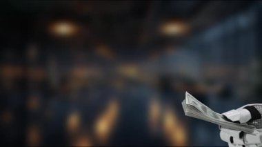 Gelecekçi robot el, teknoloji ve finans entegrasyonunu sembolize ederek bir insana para teklif ederken resmediliyor. Bu görüntü finansal işlemler ve işbirliğinde ilerlemeyi temsil ediyor. MZL