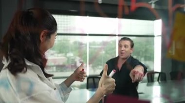 Genç kendine güvenen iş kadını projeyi uzman yatırımcıya sundu. Profesyonel proje yöneticisi başlangıç projesini açıklamak için yapışkan notlar kullanır, beyin fırtınası fikirlerini yatırımcıya paylaşır. Yönlendirici.