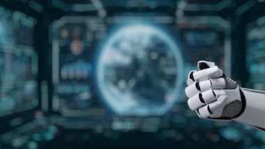 Bu video, yüksek teknolojili dijital ortamda onaylanmayı ve onaylanmayı sembolize eden, parlayan bir holografik kontrol işaretini gösteren fütüristik bir robot elini gösteriyor. Auvana