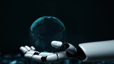 Gelecekçi robot yapay zeka yapay zeka yapay zekayı aydınlatıyor ve makine öğrenme kavramını geliştiriyor. İnsan hayatının geleceği için küresel robot biyonik bilim araştırması. 3B görüntüleme grafiği.