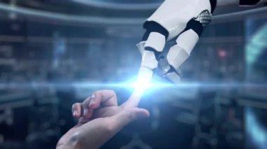 Bir robot el, ileri teknoloji kontrol odasındaki iş simgeleri ve grafiklerle çevrili Afrika 'yı tasvir eden parıldayan dijital bir küreye doğru uzanır ve gelecekteki yenilikleri sembolize eder. Auvana