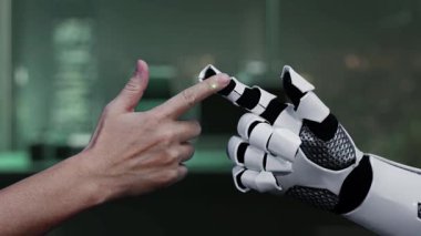 Bir insan eli dijital ortamda robotik bir ele uzanıyor, gelişmiş teknoloji ve sürdürülebilirlik kavramlarını sanal bir küre ve çevre dostu sembollerle sergiliyor. Auvana