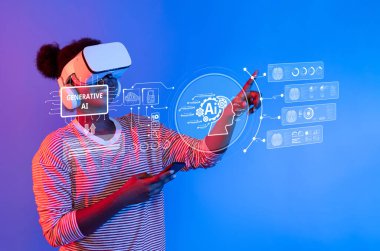 Bir birey, dinamik mavi bir ortamda sanal gerçeklik kulaklığı takarak, teknolojik yenilik ve kullanıcı etkileşimini gösteren üretken bir yapay zeka arayüzü ile bağlantı kurar. XDMCP