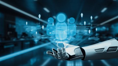 Fütürist bir robotik el, modern bir ortamda teknoloji ve yapay zekadaki yeniliğin vurgulandığı dijital kullanıcı simgelerini sergiliyor. Auvana