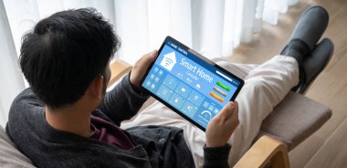 Smart home technology, centric remote control system with digital dashboard for air conditioning, safety security network or house automation. App software, ui panel programming IOT monitor snugly