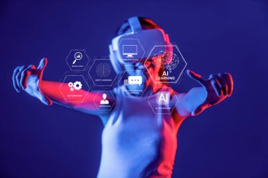 Yapay zeka uygulamalarını keşfetmek, öğrenme ve kodlama yeniliklerini göstermek için sanal gerçeklik teknolojisini kullanan bir kişinin yaratıcı bir temsili. XDMCP