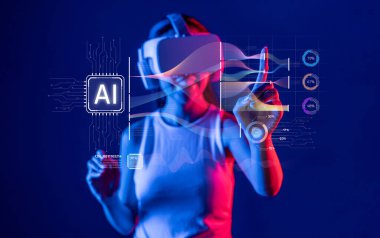 Bir insan sanal gerçeklik arayüzü ile etkileşime girer, üretken yapay zekayı ve büyük veri analizlerini araştırır. Bu resim teknolojinin ve etkileşimin yenilikçi geleceğini tasvir ediyor. XDMCP