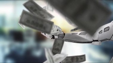 Çağdaş bir iş ortamında teknoloji ve finans kavşağını sembolize eden yüzen dolarlara uzanan bir robot elin dinamik bir görüntüsü. MZL