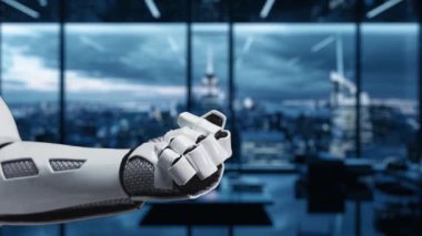 Gelecekçi bir robot el modern bir ofiste dijital grafikleri göstermek için uzanır, günümüz hızlı ortamında ileri teknoloji ve veri etkileşimini sembolize eder. Auvana