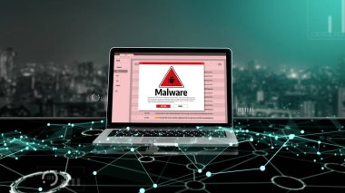 Cyber attacking concept. Malware alert showing on computer screen display scam and threat detection on computer system or online server to be removed snugly.