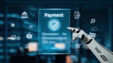 Robotik bir el, güvenli işlem simgelerini gösteren gösterişli dijital ödeme arayüzü ile etkileşime girer. Arka planda yeniliğin vurgulandığı çağdaş bir mali ortam tasvir ediliyor. Auvana