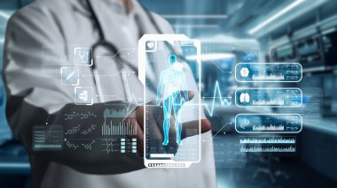 İnsan anatomisi hologramına bakan zeki doktorların laboratuvarda bulanık bir geçmişi var. Tıbbi araştırma yapan ve insan anatomisini inceleyen bir tıp çalışanı. Teknoloji. İyileştirici.