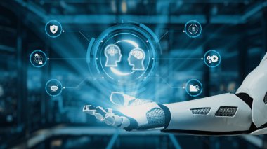 Robotik bir el sanal bir arayüze uzanır ve yapay zeka sembolleri sergiler, dijital çağda teknoloji ve insan öğrenmesinin kesişimini temsil eder. Auvana