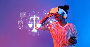 Sanal gerçeklik kulaklığı takan bir kişi, teknolojinin ve hukuki sorumluluğun gelişen kesişiminin altını çizerek hukukun ve etiğin dijital görselleştirmesine bağlanır. XDMCP