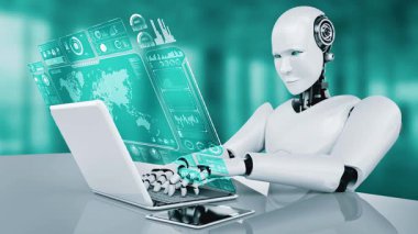 Robot hominoidler dizüstü bilgisayar kullanırlar ve büyük veri analizi için masaya otururlar. Dördüncü endüstriyel devrim için yapay zeka, yapay zeka ve makine öğrenme yöntemlerini kullanarak. 3B görüntüleme.