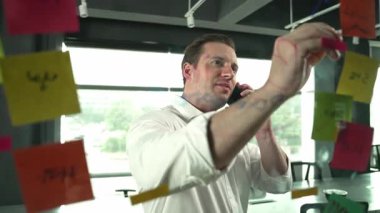 Profesyonel işadamı renkli yapışkan notlara yazılmış pazarlama stratejisi fikrine bakarken müşterilerine telefon ediyor. Proje yöneticisi duvardaki telefon analiz verileriyle konuşuyor. Yönlendirici.