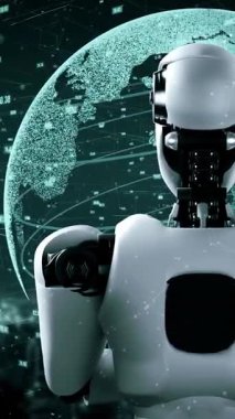 Futuristic robot artificial intelligence huminoid AI data analytic technology development and machine learning concept. Global robotic bionic science research for future of human life. 3D rendering.