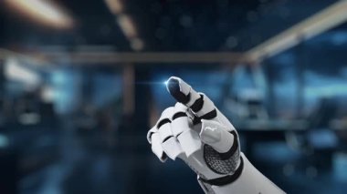 Bir robot el, şeffaf bir veri görselleştirme arayüzü ile etkileşime girer, parlak, modern dijital çalışma alanı ortamında çeşitli analitik grafik ve grafikleri gösterir. Auvana