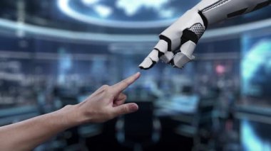 İnsan-robot işbirliğini gösteren dijital dönüşümün görsel bir temsili iş ortamındaki yenilikleri ve sonsuz olasılıkları sembolize eden çeşitli simgelerle. Auvana