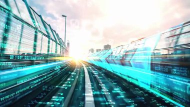 Yol üzerindeki dijital veri akışının dijital dönüşümü, yıkıcı yeniliği göstermek için grafik ile programlama kodlama kavramında hızlı aktarım vizyonu yaratan döngüsel videosu. Kusursuz Döngü .