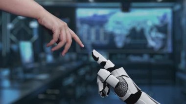 Küresel ortaklıkları, takım çalışmasını ve yenilikçi iş uygulamalarını sembolize eden dijital unsurları temsil eden insan ve yapay zeka arasındaki işbirliğinin görsel bir temsili. Auvana