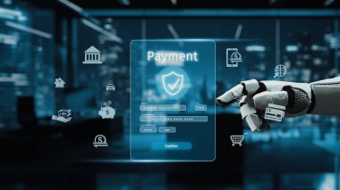 Modern bir ödeme arayüzü, dijital elementlerle etkileşen, kentsel bir ortamda güvenlik özellikleri ve mali işlemleri vurgulayan robotik bir el gösteriyor. Auvana