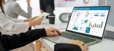 Computer software for website traffic analytics data on computer screen. Concept of SEO search engine optimization and customer targeting for online business snugly