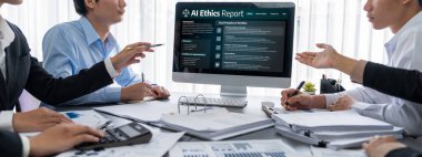 Yapay zeka etik standart hukuk ve bilgisayar ekranındaki kurallar yapay zeka etik şeffaflığının teknoloji suçunu önlediğine dair rapor sunuyor. canlı