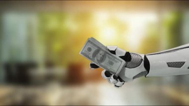 Robot bir el, modern bir iş ortamında teknoloji ve finans kavşağını vurgulayan bir dolar banknotunu sıkıca tutuyor. Çeşitli pazarlama kullanımları için idealdir. MZL