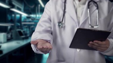 Tablet tutan ve insan anatomisi hologramı tutan yetenekli doktorlara yakın çekim yapın. Teknoloji yeniliklerini kullanarak tüm vücut röntgeni hologramını inceleyen ve kontrol eden bir tıp çalışanı. İyileştirici.