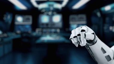 Robot bir elin dijital işaretli bir sembolle etkileşime geçmek için uzanması modern arayüzlerdeki teknolojiyi ve otomasyonu bulanık bir teknolojiye karşı işaret ediyor. Auvana