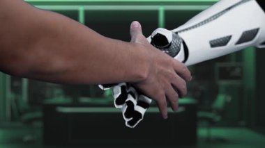 Bir insan eli dijital ortamda robotik bir ele uzanıyor, gelişmiş teknoloji ve sürdürülebilirlik kavramlarını sanal bir küre ve çevre dostu sembollerle sergiliyor. Auvana