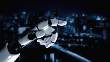 Gelecekçi robot yapay zeka yapay zeka yapay zekayı aydınlatıyor ve makine öğrenme kavramını geliştiriyor. İnsan hayatının geleceği için küresel robotik blok zincir bilimi araştırması. 3B görüntüleme grafiği
