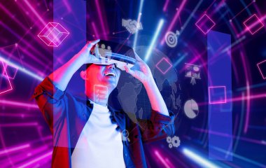 Sanal gerçeklik teknolojilerine dalmış, küresel bağlantı ve veri güdümlü çözümlerle modern bir iş ortamında yenilik ve katılımı temsil eden genç bir profesyonel. XDMCP