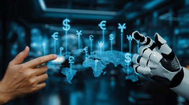 Bir insan eli ve robotik el, dijital dünya haritasının üzerinde yüzen para birimi sembolleriyle fütüristik bir ortamda etkileşime girer ve finans teknolojisini gösterir. Auvana