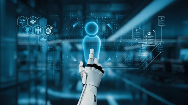 Bir robot el, modern yenilikte teknolojinin, kullanıcı deneyiminin ve yapay zekanın karışımını vurgulayarak dijital holografik arayüzle etkileşime geçmek için uzanır. Auvana