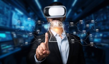 Bir işletme profesyoneli, veri yönetimi ve dijital dönüşüm stratejilerindeki yenilikleri vurgulayarak, sanal gerçeklik ortamında üretken yapay zeka teknolojileriyle etkileşim içindedir. XDMCP