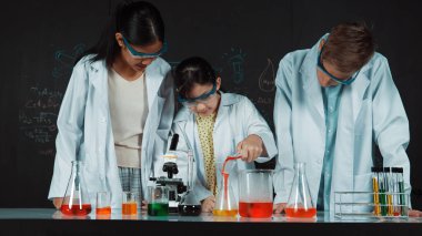 Zeki kız deney yapmak için heyecanlanan çeşitli öğrenciler iken beher kabına renkli solüsyon döker. Profesyonel bilim adamı kimyasal teoriyle kara tahtada deney yapmaya hazırlanıyor. Öğretim.