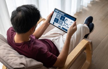 Human resources management software on computer screen helping human resources employee to manage recruitment, payroll, staff searching and KPI evaluation snugly