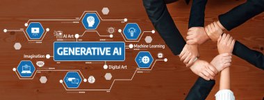 Üretken yapay zeka bağlamında takım çalışmasının ve yaratıcılığın görsel temsili, yenilikçi projeler için hayal gücü, dijital sanat ve makine öğrenimi gibi kavramların vurgulanması. Dostluk