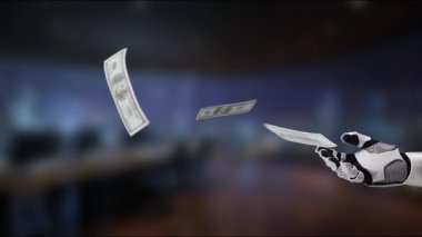 Fütürist bir robot el, teknoloji ve finans, yenilik ve ekonomik büyümenin kesişimini sembolize eden, düşen dolarları modern ofis ortamında zarifçe sergiliyor. MZL