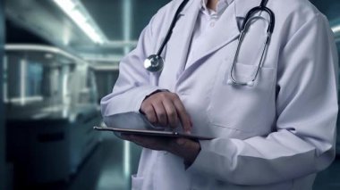 Doktorun laboratuvar önlüklü, elinde tıbbi haçlı tablet olan fotoğrafını çek. Yetenekli bir tıp çalışanı, teknolojik yenilikler kullanarak teşhis verilerini araştırıyor ve acil servisleri kontrol ediyor. İyileştirici.