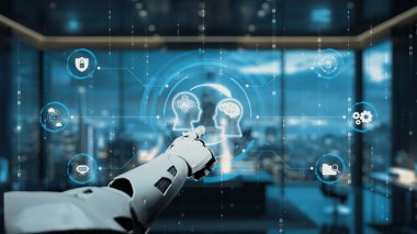 Fütürist robot bir el, insan beyni simgelerini gösteren dijital bir arayüzle etkileşime geçiyor, modern ofis ortamında teknoloji ve zeka arasındaki ilişkiyi vurguluyor. Auvana