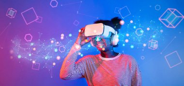 Neşeli bir kadın kendini canlı bir sanal gerçeklik deneyimine daldırıyor, teknoloji ve parlak dijital elementlerle neşeli bir ilişki sergiliyor. XDMCP