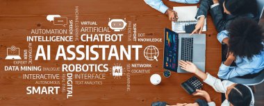 Modern bir ofiste yapay zeka asistanıyla birlikte çalışan farklı bir ekibi gösteren dinamik bir sahne. Görüntü, işbirliğini, yeniliği ve dijital teknolojinin geleceğini vurguluyor. Dostluk