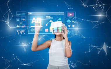 Bir kişi sanal gerçeklik kullanarak, yenilikçi sosyal medya stratejileri ve reklam analizlerini iş başında sergileyerek kapsamlı bir dijital pazarlama ortamını keşfeder. XDMCP