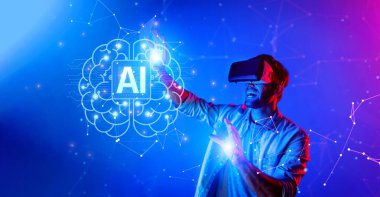 Bir adam sanal gerçeklikte yapay zeka ortamında modern teknolojiyi ve dijital etkileşimdeki yeniliği sembolize eden canlı renkleri sergiliyor. XDMCP