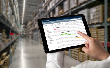 Ekip projesinin zaman çizelgesini gösteren bilgisayar ekranında, modern iş projesi yönetimi için proje planlama yazılımı