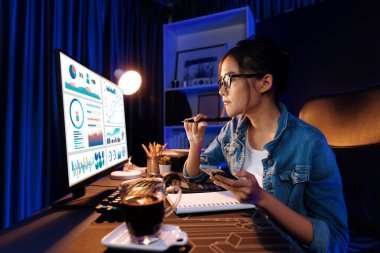 Sunucu kanalı Asyalı etkileyicisi, sosyal medyada kulaklık takarak iş grafikleri ekranında dinleyicileri selamlıyor ve Neon Modern Stüdyoları 'nda internet üzerinden koçluk yapıyor. Taktik.