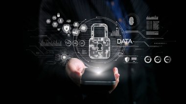 Bu resim, akıllı bir telefon üzerinde güvenli kilit sembolü ve parmak izi teknolojisi içeren, siber güvenlik ve gizlilik tedbirlerini vurgulayan veri koruma kavramını gösteriyor. Dörtgen